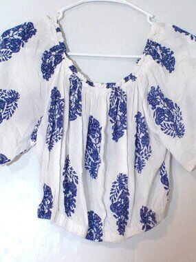 Devi Boho Cropped Peasant Blouse Medium Blue White Off Shoulder Rayon Top